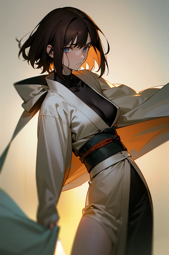 volumetric lighting, ambient lighting, highres, masterpiece, 8k, alone, one woman, melancholy, young adult, mystic eyes, detailed dark brown hair, medium hair, pale skin, (wearing open kimono), medium breasts, atletic body, wanderer, sexy