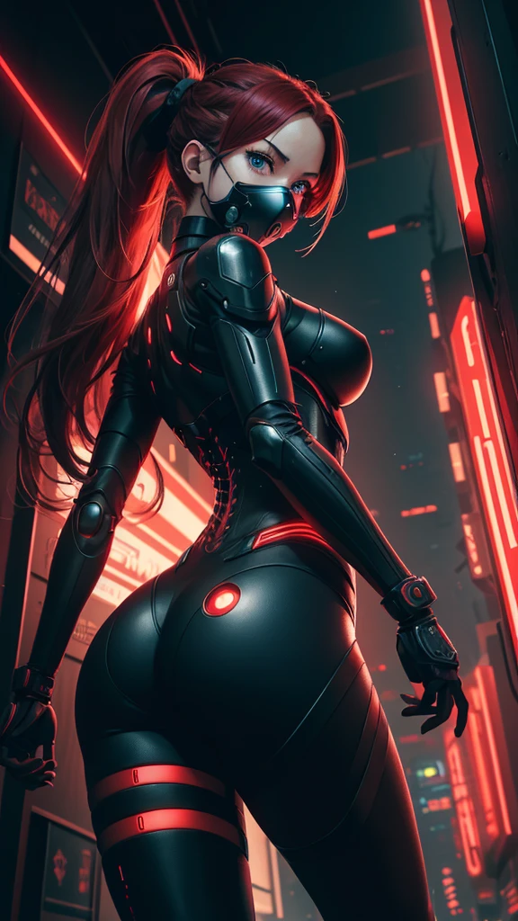 view from below angle from below camera shoots from below cyborg warrior girl in an attacking pose View from below, angle from below, flat horizon photo, Girl android , she has long red hair, hair tied up in a ponytail, she has a mask on her face, a respirator, a woman with sexy hips, incredibly beautiful blue eyes and a gas mask on her face, half cyborg, technological modifications. Beautiful face, pretty face, look at the camera, black metal cybernetic android robot body, Large, wide hips, suit with red indicator lines with many red details, red colour corset, red glowing lines on clothing details, cybernetic armor with a red glow from under the joints and joints, she has blue eyes , frame with a flat horizon, Anime Style Photography , Red Lasers, black background Cyberpunk style, the camera films Her from below, lower angle of photography, black background image of a night black city and red neon lights, red lamps, red lighting, red flashes IN THE BACKGROUND are the red lights of the night city and red glowing glass shop windows