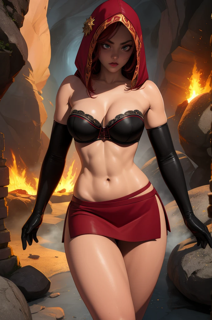 Dsorceress, redhair, shadowy face,dark cave, fire, hood, shadowed cute face, mini skimpy strapless bra, slim and athletic body, skinny thighs, skimpy slit miniskirt, no underwear, no panty, elbow gloves, dark skin, 1 girl (insanely detailed, masterpiece, best quality)