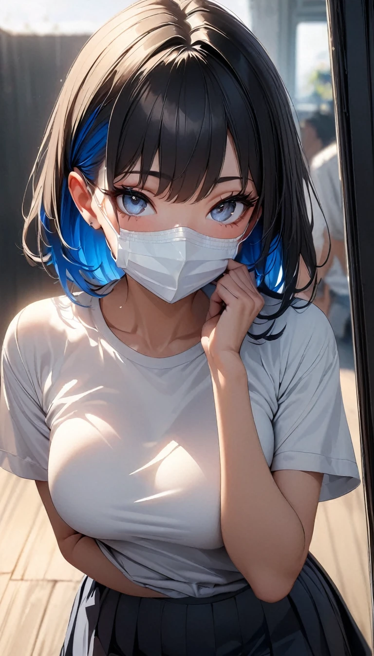 (high quality, 8k, 4K, High Contrast, masterpiece:1.2, 最high quality, Best aesthetics), 1 female, (Realistic skin texture:1.3), (Film Grain:1.3), (Selfie angle, High Angle), One Girl, Beautiful and detailed eyes and face, 最high quality, close, Cowboy Shot Black Hair , Disposable mask Blue hair inner White shirt Dark blue skirt White shirt