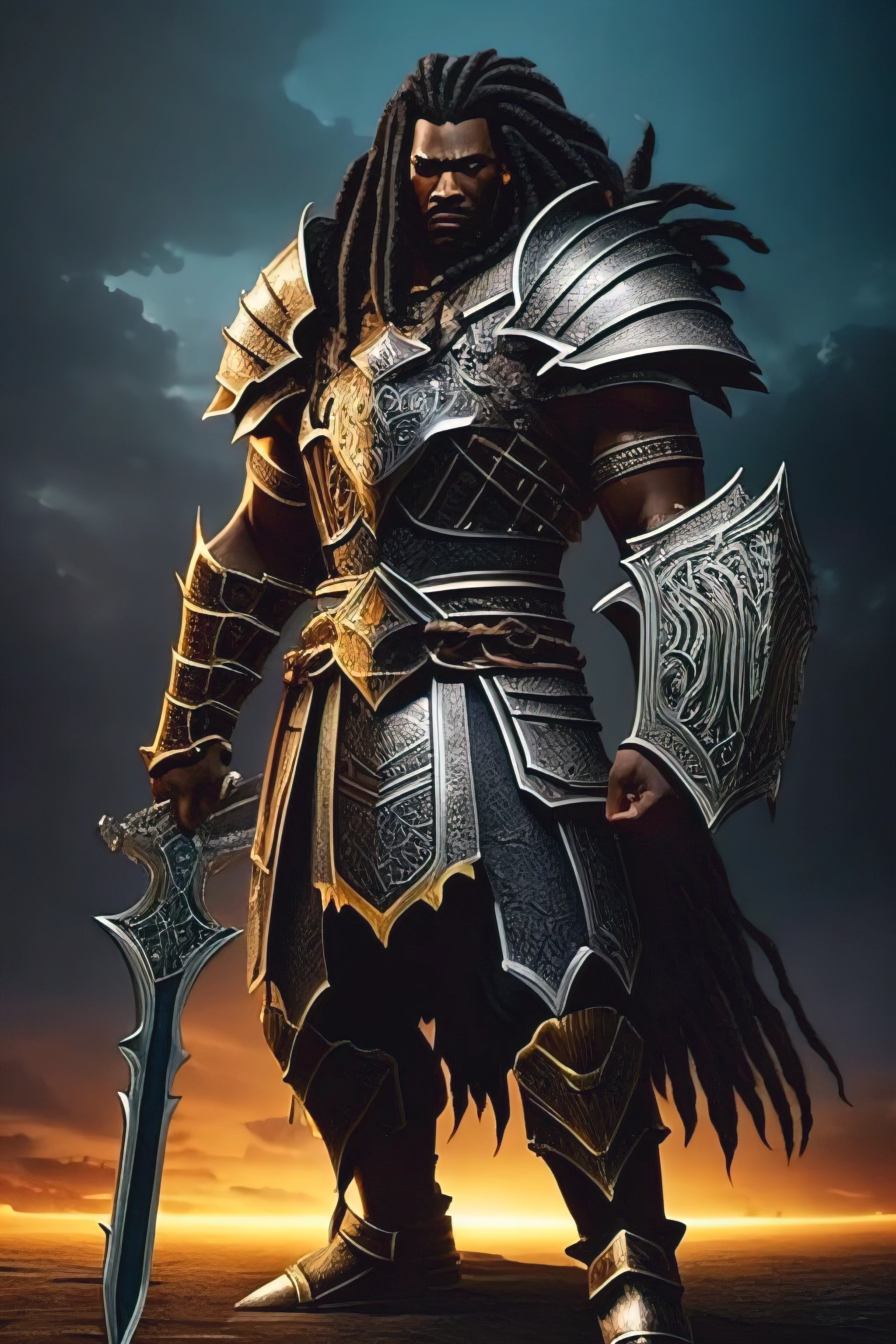 Create a black male character, resembling the dreadlocked berserk guts of the goliath race of d&D holding a large broadsword with armor like the Garen from League of Legends, a paladin's golden armor that covers his entire body