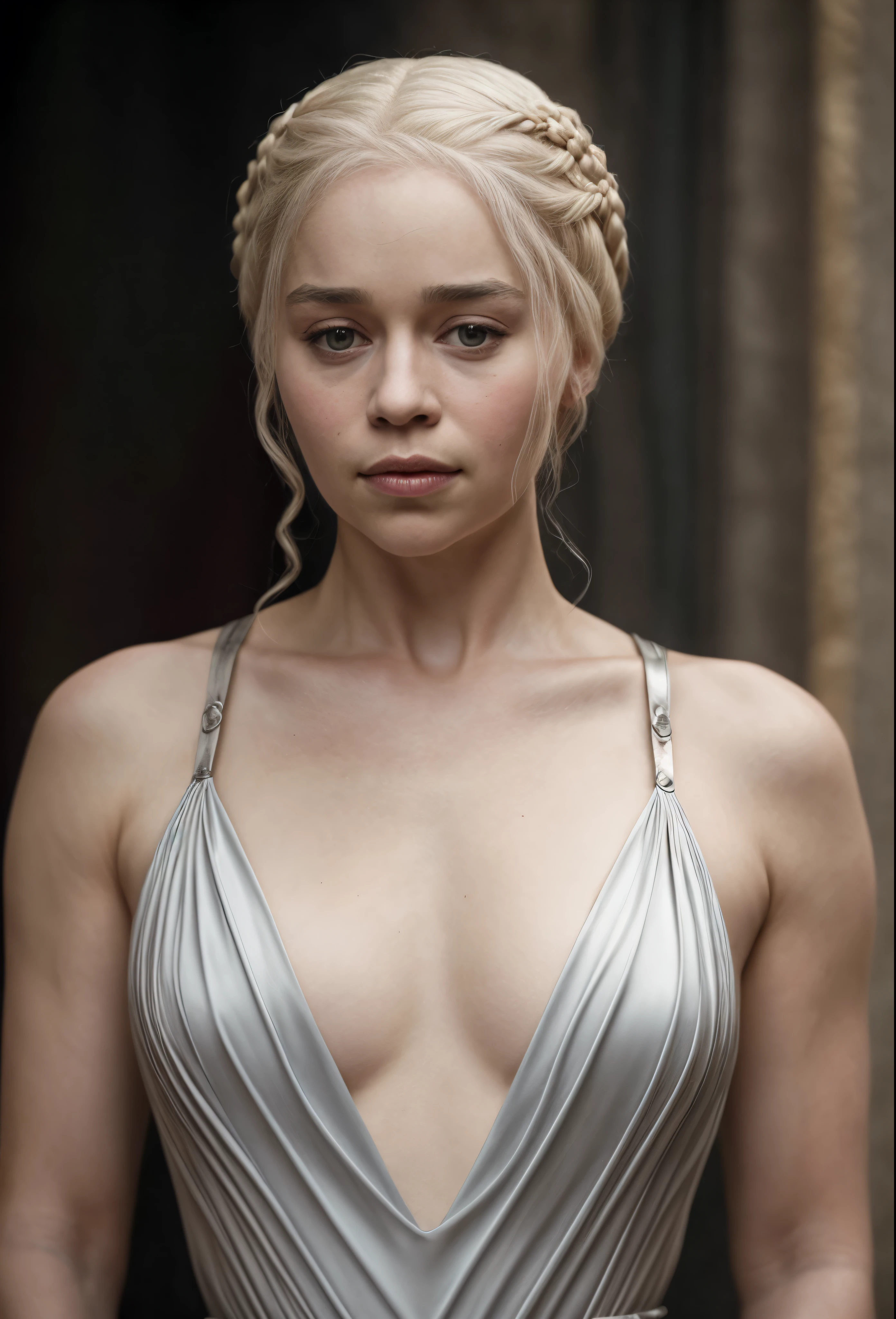 masterpiece, stunning portrait photo of khls woman, sleeveless, erotic costumes, sensual satin dress, game of thrones inspired costumes,