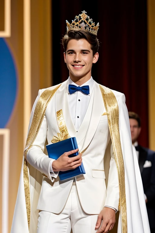 Young cute handsome man attends mister of beauty beautiful face skinny white suit and gold cape winner of crown the public applauds him and celebrates they give him a gift