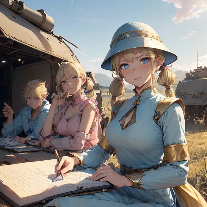 High Resolution, Masterpiece, fantasy genre, HD, High Quality, Backlighting, Overexposure, Optical Illusion, Silhouette,
Anime Style, Apocalypse, Chaos, Digital Art, Multiple Views, warhammer fantasy aesthetic, multiple views
{{((43 years old french soldier woman: ((steel kettle-hat, blonde hair tied in two twintails, thin lips, beautiful face, calm expression, beautiful light-blue eyes, beautiful feminine arms, medium breasts), (yellow long dress, pink sleeves), (drinking beer, resting at the military camp, notebook at her left side),(military camp, vehicles at left side, soldiers resting around, afternoon sky))}}
