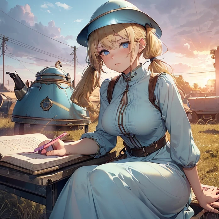High Resolution, Masterpiece, fantasy genre, HD, High Quality, Backlighting, Overexposure, Optical Illusion, Silhouette,
Anime Style, Apocalypse, Chaos, Digital Art, Multiple Views, warhammer fantasy aesthetic, multiple views
{{((43 years old french soldier woman: ((steel kettle-hat, blonde hair tied in two twintails, thin lips, beautiful face, calm expression, beautiful light-blue eyes, beautiful feminine arms, medium breasts), (yellow long dress, pink sleeves), (drinking beer, resting at the military camp, notebook at her left side),(military camp, vehicles at left side, soldiers resting around, afternoon sky))}}