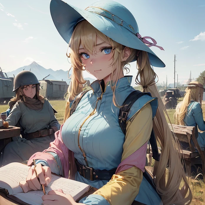 High Resolution, Masterpiece, fantasy genre, HD, High Quality, Backlighting, Overexposure, Optical Illusion, Silhouette, 
Anime Style, Apocalypse, Chaos, Digital Art, Multiple Views, warhammer fantasy aesthetic, multiple views
{{((43 years old french soldier woman: ((steel kettle-hat, blonde hair tied in two twintails, thin lips, beautiful face, calm expression, beautiful light-blue eyes, beautiful feminine arms, medium breasts), (yellow long dress, pink sleeves), (drinking beer, resting at the military camp, notebook at her left side),(military camp, vehicles at left side, soldiers resting around, afternoon sky))}}