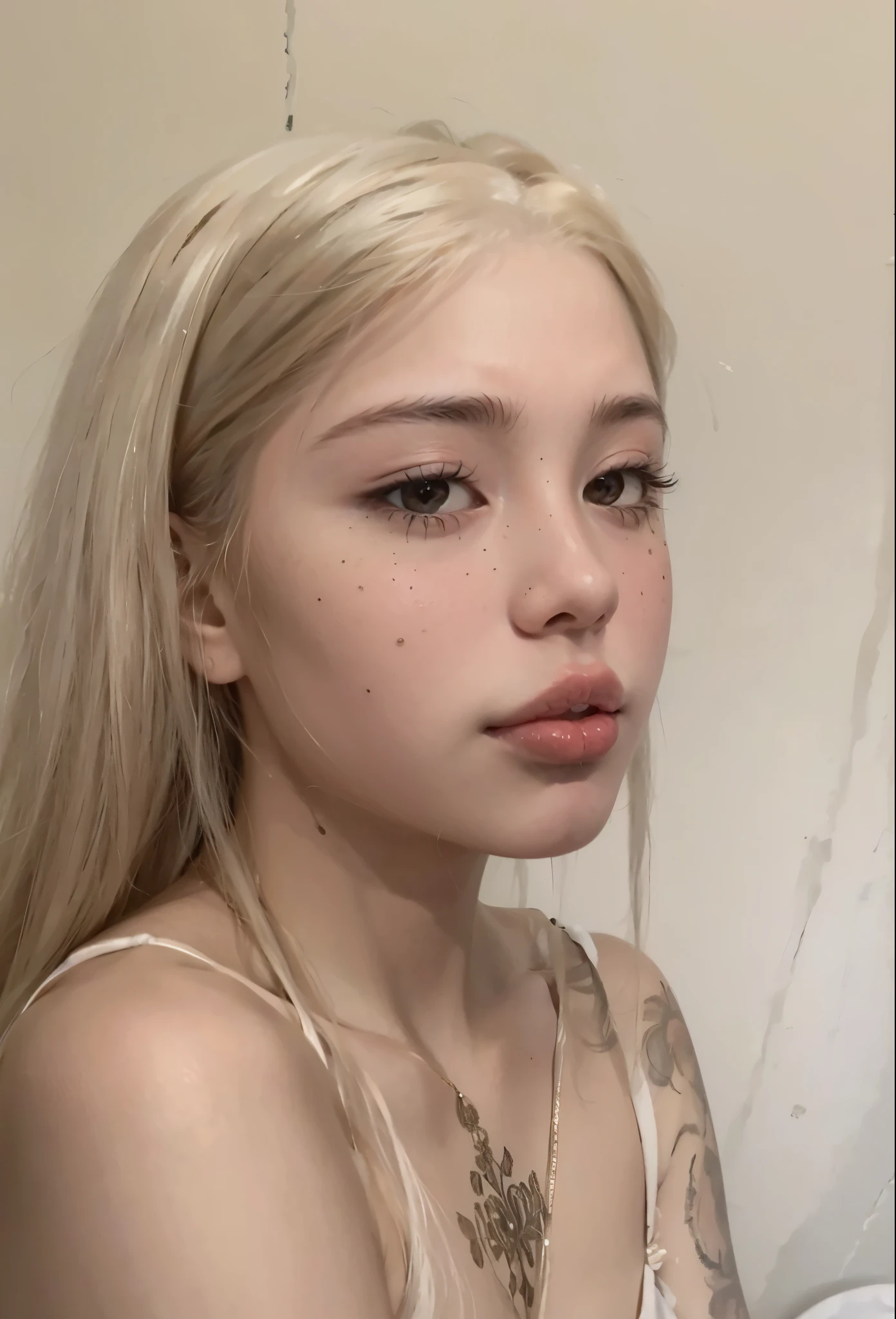 A close up of a woman with long blonde hair and a white top - SeaArt AI