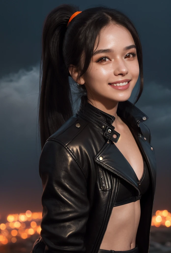 A beautiful young woman, 23 years old, with brown eyes and a cute smile with dimples, black worn leather jacket, her hair in a ponytail, standing amidst orange steam and clouds, cinematic lighting, masterpiece, super detailed, UHD, anatomically correct, retina, close up