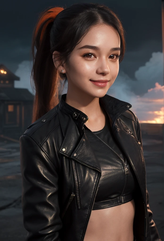 A beautiful young woman, 23 years old, with brown eyes and a cute smile with dimples, black worn leather jacket, her hair in a ponytail, standing amidst orange steam and clouds, cinematic lighting, masterpiece, super detailed, UHD, anatomically correct, retina, close up