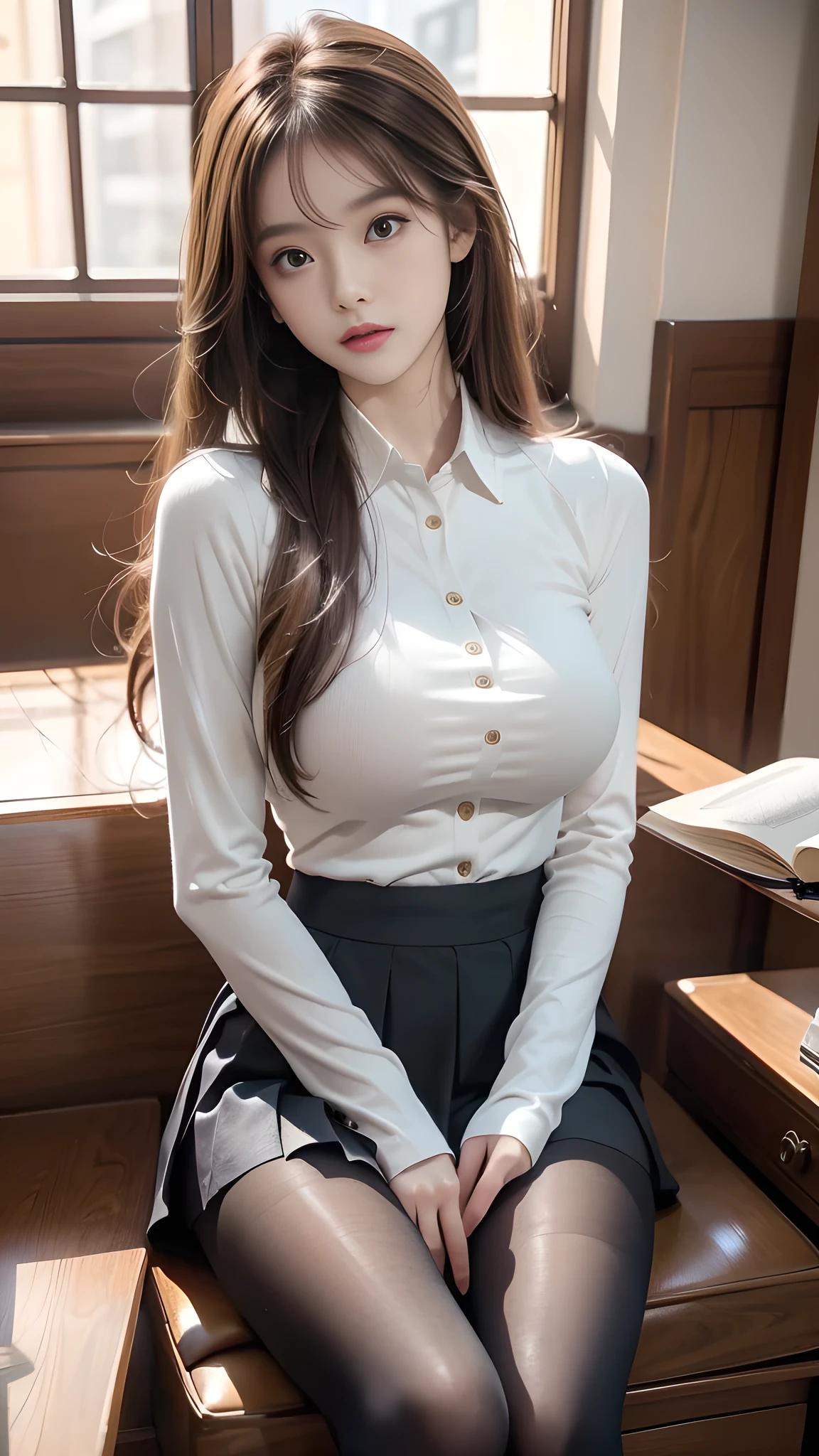ulzzang-6500-v1.1, (RAW photo: 1.2), (Real photo), (Real photo: 1.4), 1 girl、Perfect anatomy、20 years old、Looking at the camera、Medium length hair、Uniform skirt, skirt, Reading a book, ((reading room: 1.1))、(Hyperrealistic tights: 1.2), (Business service)、Asian eyes Ella,