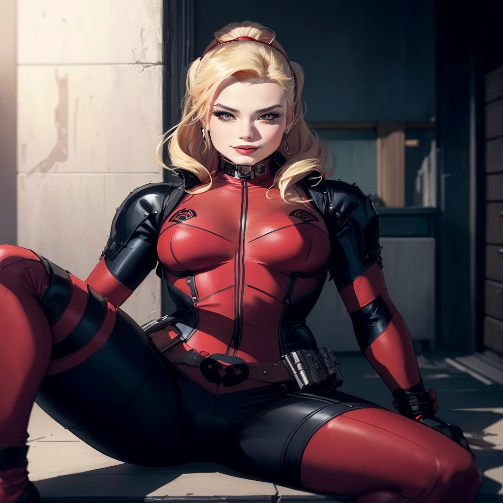 a close up of a woman in a red and black sitting on a ledge, harley quinn, high quality colored sketch, portrait, highly detailed exquisite fanart, inspired by José Comas Quesada, chris moore. artgerm, extremely detailed artgerm, Sexy emo girl in a playboy bunny costume sexy pose dyed hair on a bed in a room full of metal and punk band posters