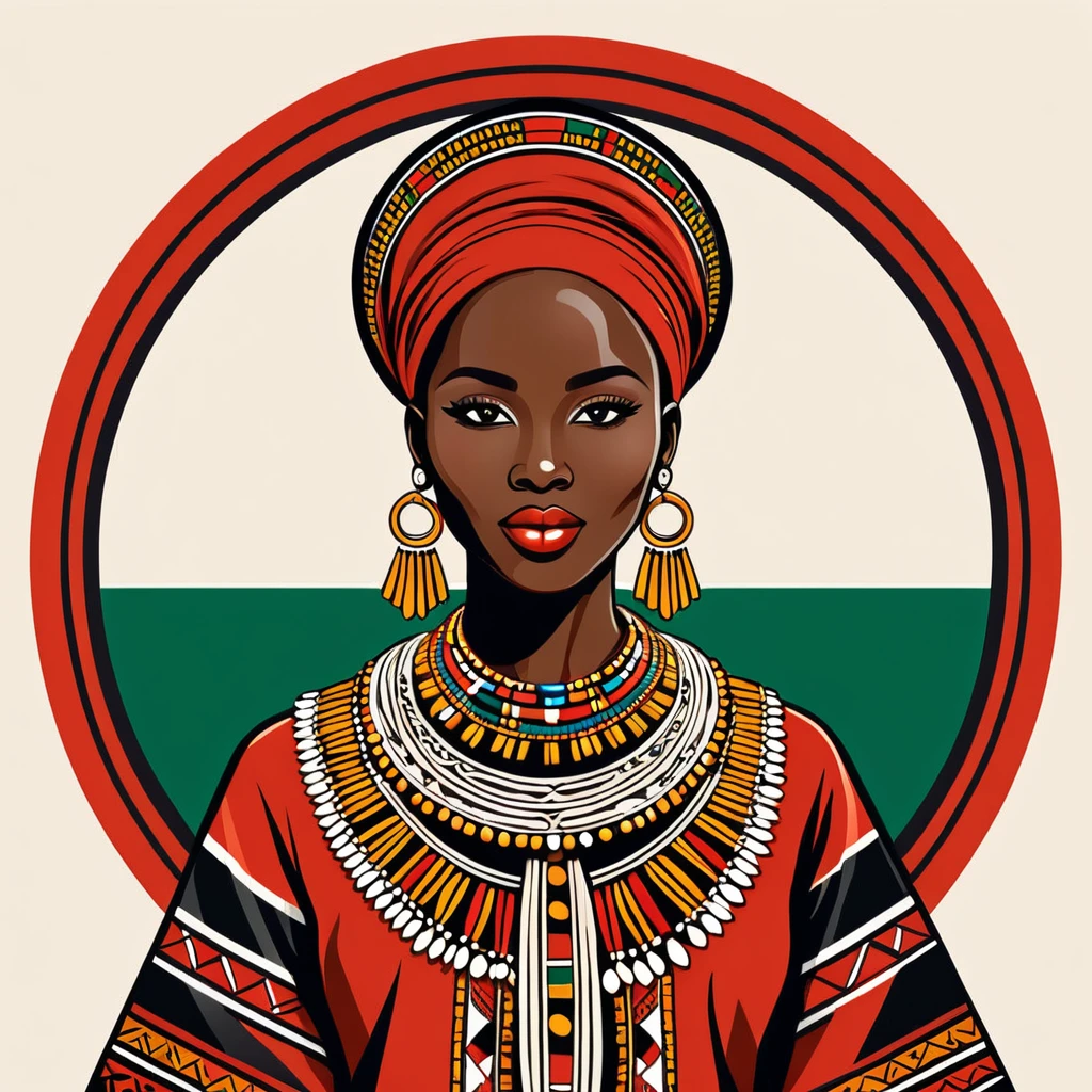 woman in kenya folk outfit, vector graphics, strong contours, logo design