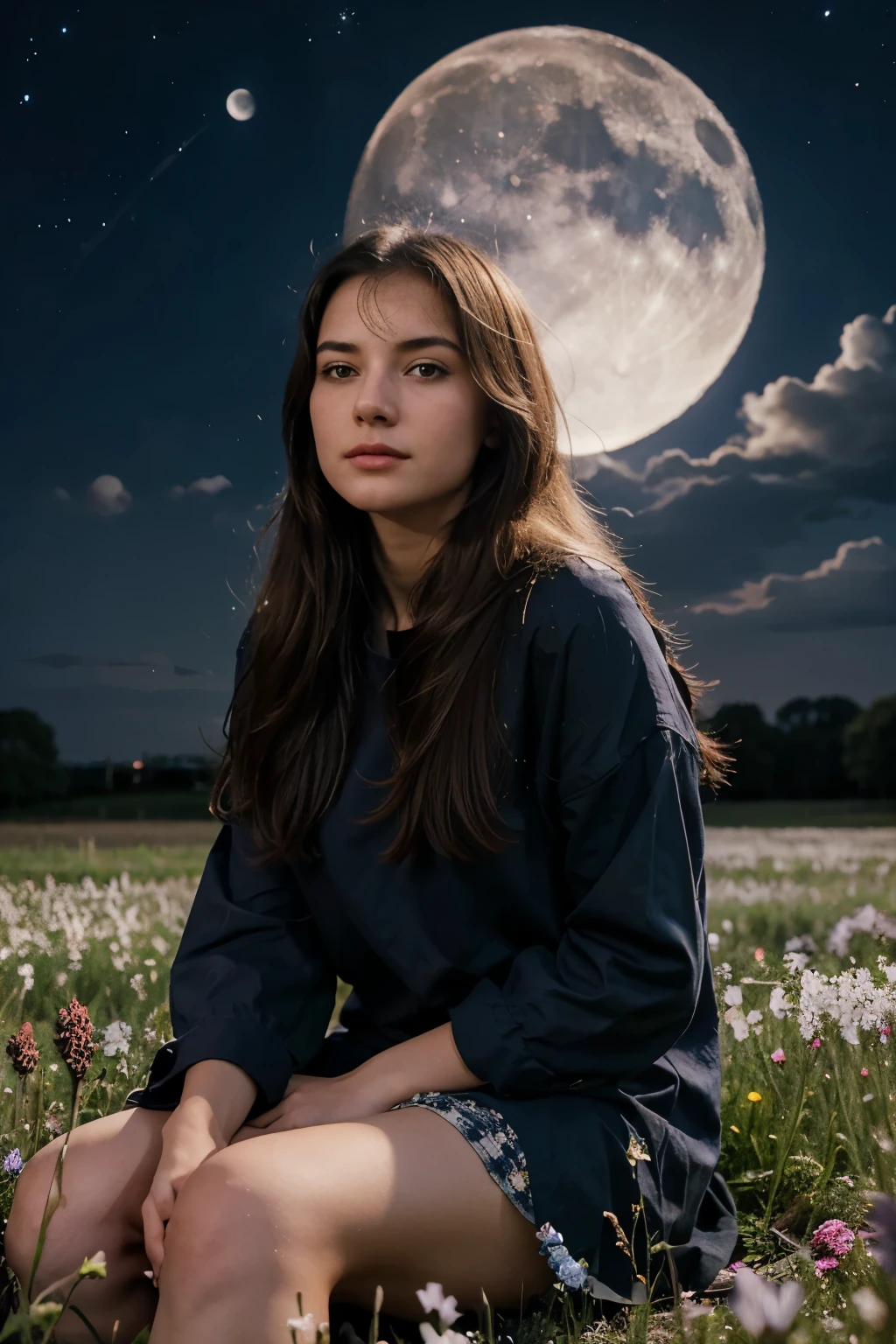 Girl sitting in a field of flowers moonlit sky