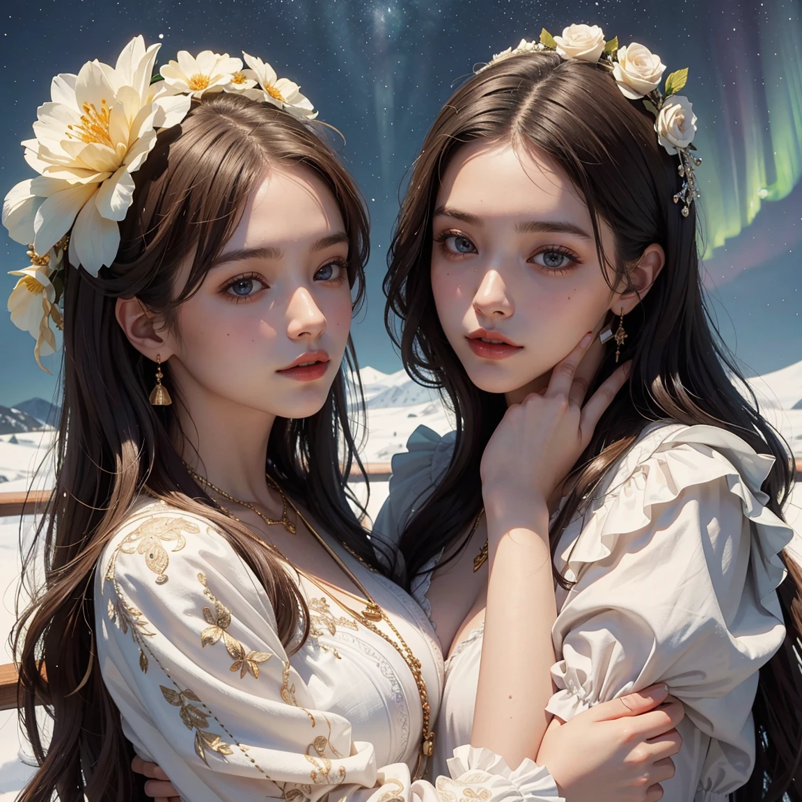 young woman, Olhar Telescope, (masterpiece), (HighestQuali), two girls is deeply in love with each other, kiss, Paint oil, Realistic oil painting, bust, clear details, high realism, clothing style of the era, (perfect anatomy), jewelry, flower, aurora, snow, magnificent panorama view
