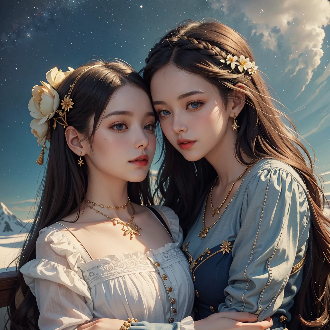 young woman, Olhar Telescope, (masterpiece), (HighestQuali), two girls is deeply in love with each other, kiss, Paint oil, Realistic oil painting, bust, clear details, high realism, clothing style of the era, (perfect anatomy), jewelry, flower, aurora, snow, magnificent panorama view