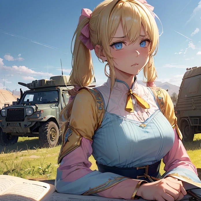 High Resolution, Masterpiece, fantasy genre, HD, High Quality, Backlighting, Overexposure, Optical Illusion, Silhouette, 
Anime Style, Apocalypse, Chaos, Digital Art, Multiple Views, warhammer fantasy aesthetic, multiple views
{{((43 years old french soldier woman: ((blonde hair tied in two twintails, thin lips, beautiful face, smiling calm expression, beautiful light-blue eyes, beautiful feminine arms, medium breasts), (yellow long dress, pink sleeves), (drinking beer, resting at the military camp, notebook at her left side),(military camp, vehicles at left side, soldiers resting around, afternoon sky))}}