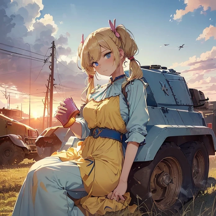 High Resolution, Masterpiece, fantasy genre, HD, High Quality, Backlighting, Overexposure, Optical Illusion, Silhouette,
Anime Style, Apocalypse, Chaos, Digital Art, Multiple Views, warhammer fantasy aesthetic, multiple views
{{((43 years old french soldier woman: ((blonde hair tied in two twintails, thin lips, beautiful face, calm expression, beautiful light-blue eyes, beautiful feminine arms, medium breasts), (yellow long dress, pink sleeves), (drinking beer, resting at the military camp, notebook at her left side),(military camp, vehicles at left side, soldiers resting around, afternoon sky))}}