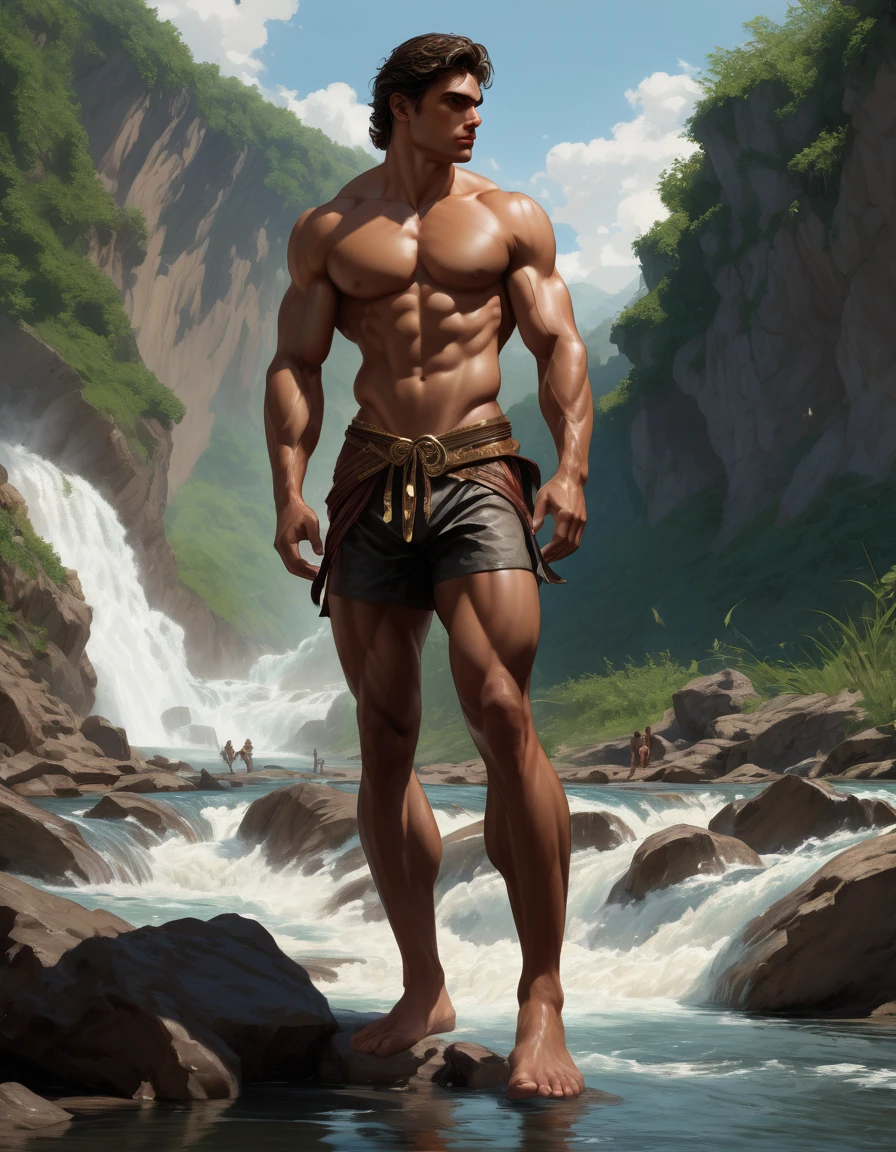 illustration, in Roberto Ferri art style wide view, natural lighting, 8k resolution, fullbody, barefoot, a detailed face, detailed muscles young, ripped, man the scene is set in a river