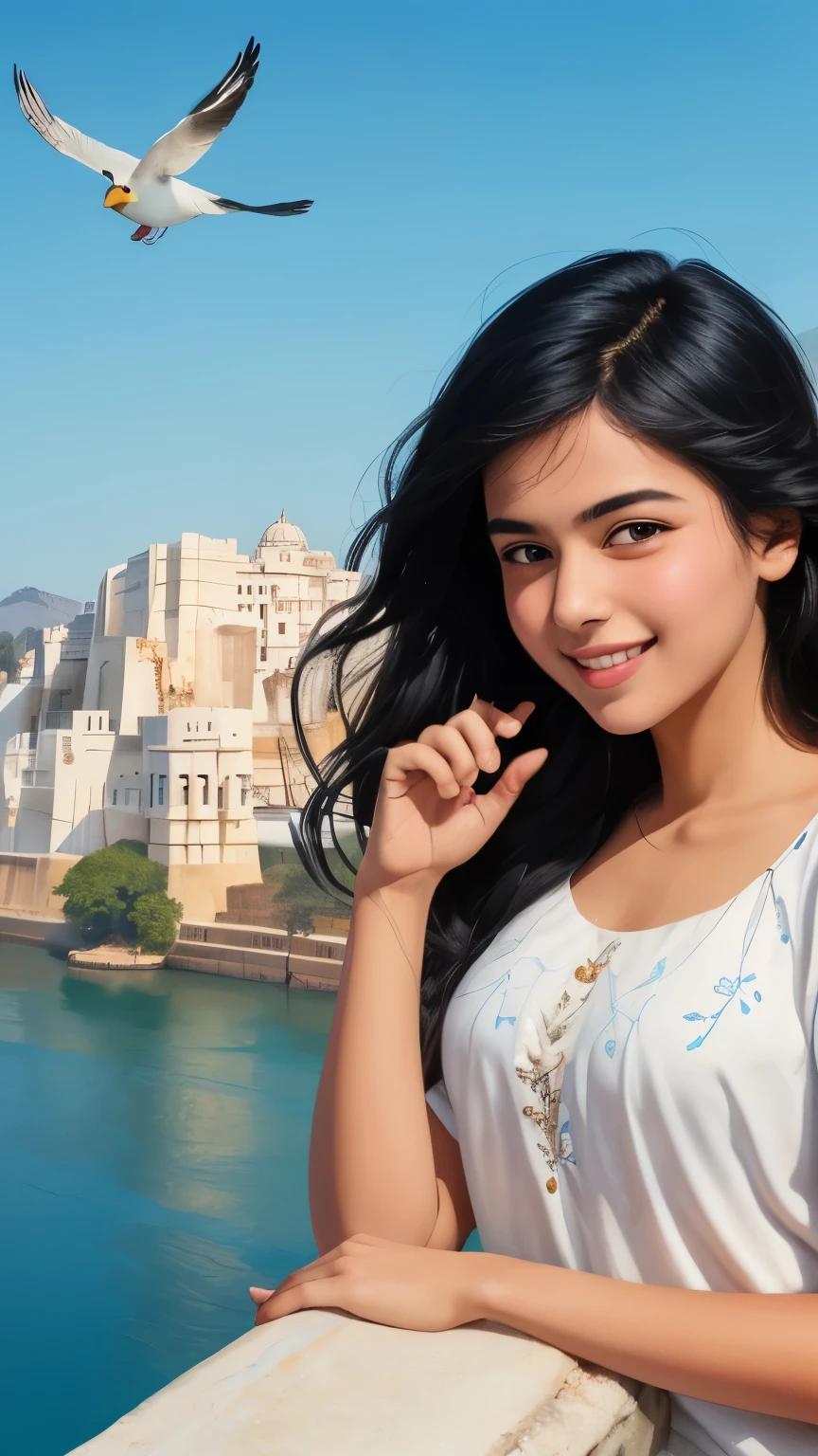((best quality)), ((masterpiece)), (detailed), A digital illustration of a teenage girl with long black hair smiling at a blue and white bird perched on her hand, with a background of Udaipur city.