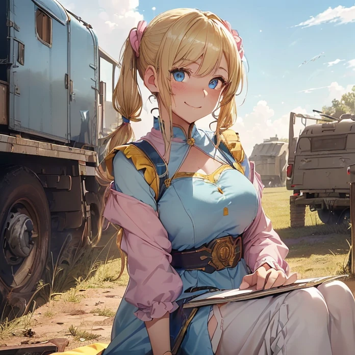 High Resolution, Masterpiece, fantasy genre, HD, High Quality, Backlighting, Overexposure, Optical Illusion, Silhouette, 
Anime Style, Apocalypse, Chaos, Digital Art, Multiple Views, warhammer fantasy aesthetic, multiple views
{{((43 years old french soldier woman: ((blonde hair tied in two twintails, thin lips, beautiful face, smiling calm expression, beautiful light-blue eyes, beautiful feminine arms, medium breasts), (yellow long dress, pink sleeves), (drinking beer, resting at the military camp, notebook at her left side),(military camp, vehicles at left side, soldiers resting around, afternoon sky))}}