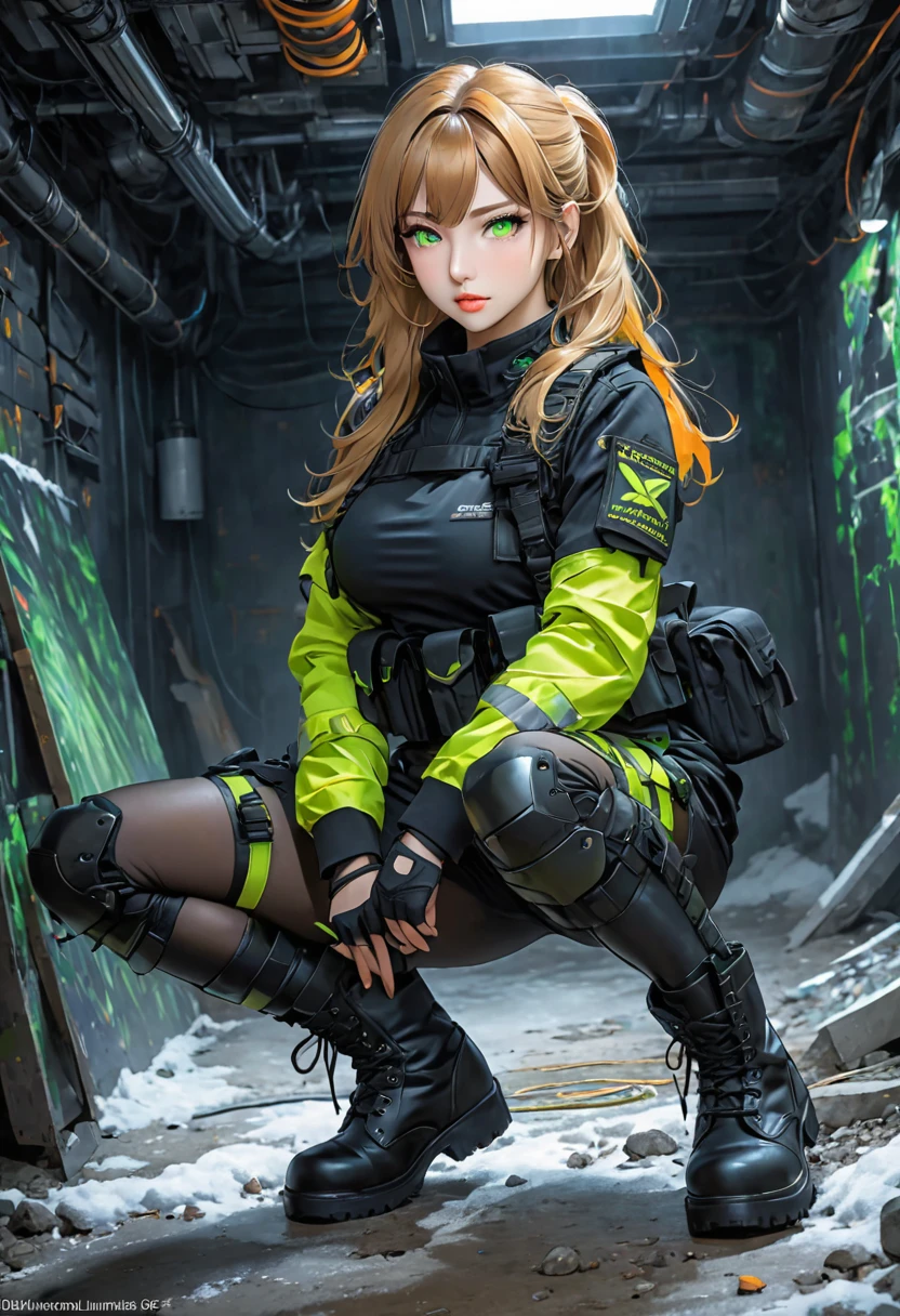 ((best quality)), ((artwork)), Age: Unknown. Appears late 20s
Species: Contractor
Height: 5' 3", 160 cm
Outfit: Black DDM Inc. tactical uniform, combat boots, leg straps
Hair: Dark blonde, long
Eyes: Light orange and green, luminescent
Features: Female, greek features, busty, , toned, full lips
Landscape=Dark and cold Room.