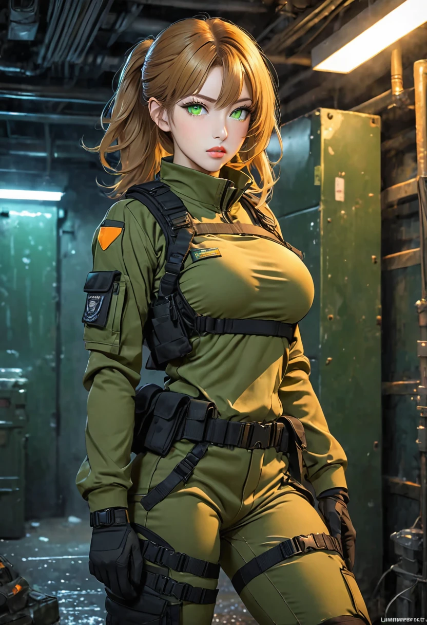 ((best quality)), ((artwork)), Age: Unknown. Appears late 20s
Species: Contractor
Height: 5' 3", 160 cm
Outfit: Black DDM Inc. tactical uniform, combat boots, leg straps
Hair: Dark blonde, long
Eyes: Light orange and green, luminescent
Features: Female, greek features, busty, , toned, full lips
Landscape=Dark and cold Room.