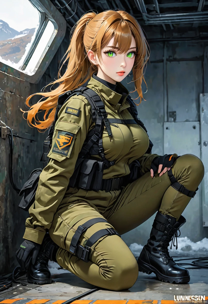 ((best quality)), ((artwork)), Age: Unknown. Appears late 20s
Species: Contractor
Height: 5' 3", 160 cm
Outfit: Black DDM Inc. tactical uniform, combat boots, leg straps
Hair: Dark blonde, long
Eyes: Light orange and green, luminescent
Features: Female, greek features, busty, , toned, full lips
Landscape=Dark and cold Room.