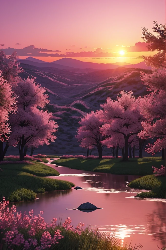 Make a landscape with a pink sunset that looks as realistic as possible