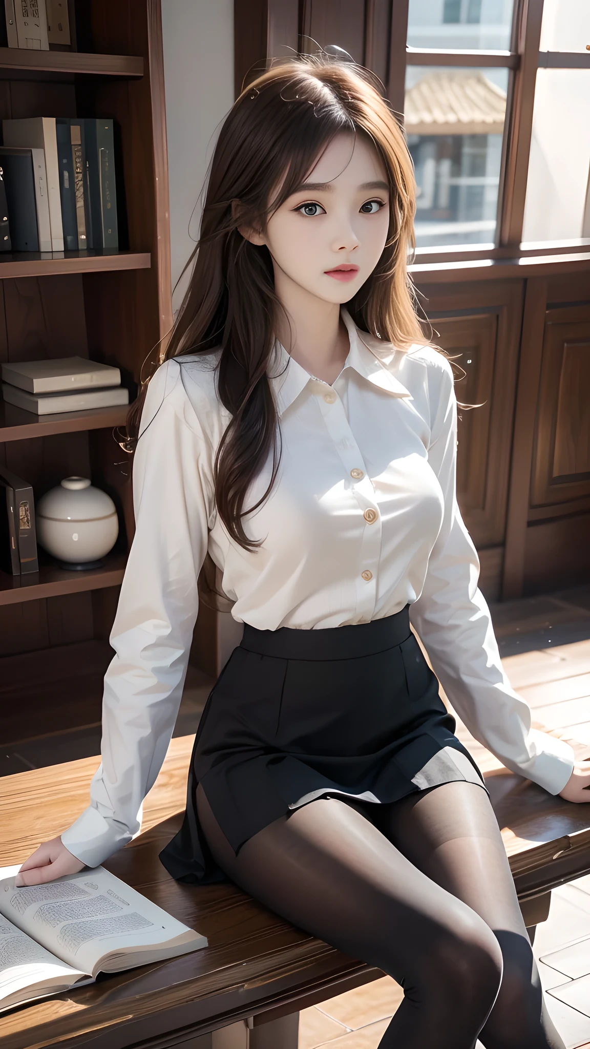 ulzzang-6500-v1.1, (RAW photo: 1.2), (Real photo), (Real photo: 1.4), 1 girl、Perfect anatomy、20 years old、Looking at the camera、Medium length hair、Uniform skirt, skirt, Reading a book, ((reading room: 1.1))、(Hyperrealistic tights: 1.2), (Business service)、Asian eyes Ella,