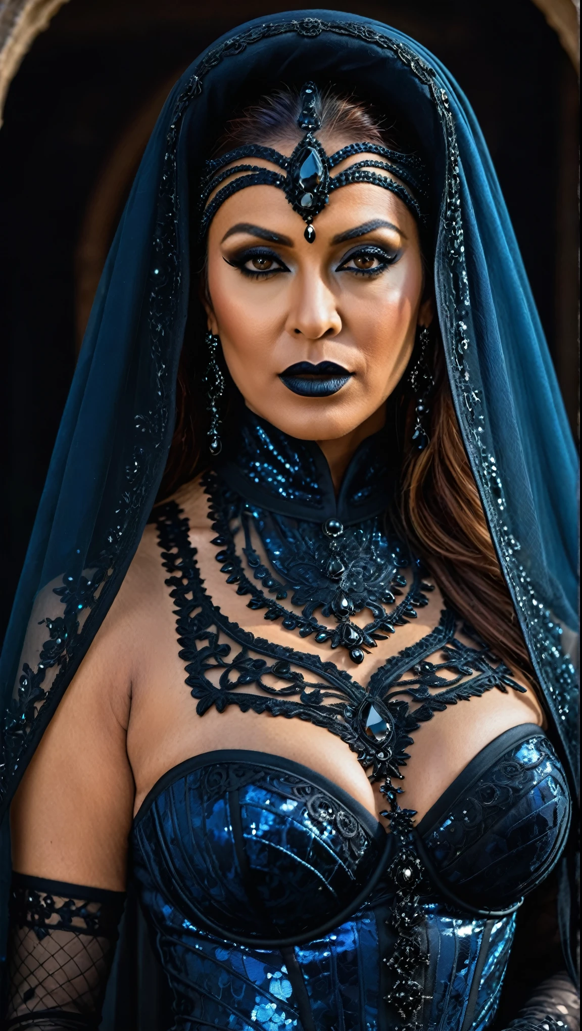 Looks like Nayanthara, milf, cougar lady witch, horny Gothic milf, 50 years old gorgeous mature lady, pervert demoness, demoness of lust, curvy, black lips, horny face, extremely gorgeous, thick figure, heavy physique, voluptuous, curvy, sexy figure, Fashionable portrait of androgynous alien looking witch wearing veil, glowing eyes, futuristic design, minimal details, givenchy, photoreal, 200mm, hd, f/ 2.0, highly detailed, surreal, sexy beautiful evil woman, sexy bold sequin Saree with strapless Bra, chudail, Pishachini, horror genre, blood-thirsty enchantress, powerful female spirit, eerie, drop dead, in the style of red and blue, (intricate details, hyperdetailed:1.15) (skin texture:1.2), dark Moody tone, cinematic lighting, haunted place in background,