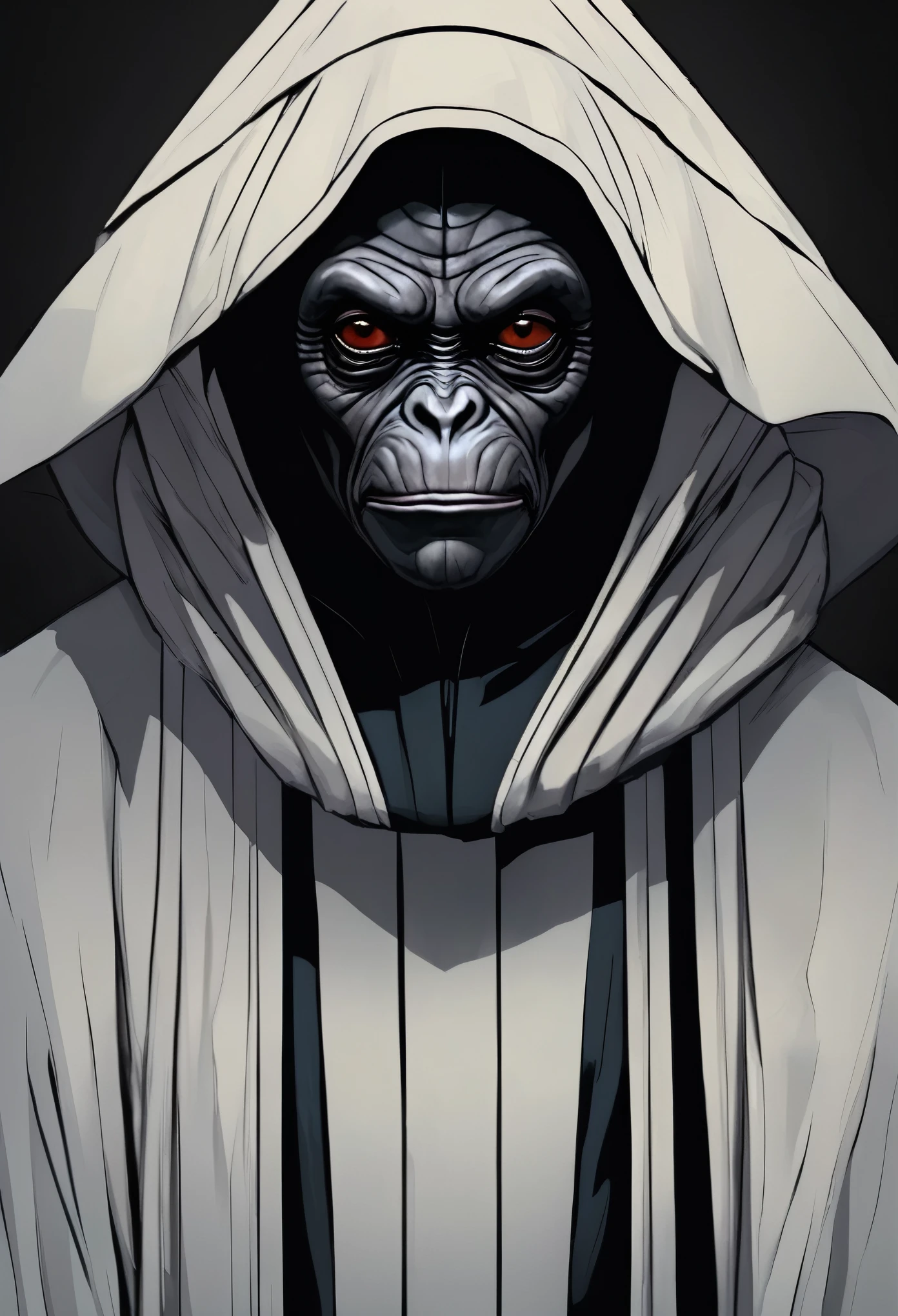masterpiece, best quality, A Darth Sidious as humanoid simian (monkey) biped cloaked in sith robes his warm grey face peeking from under the black hood with a devilish smile, sith outfit