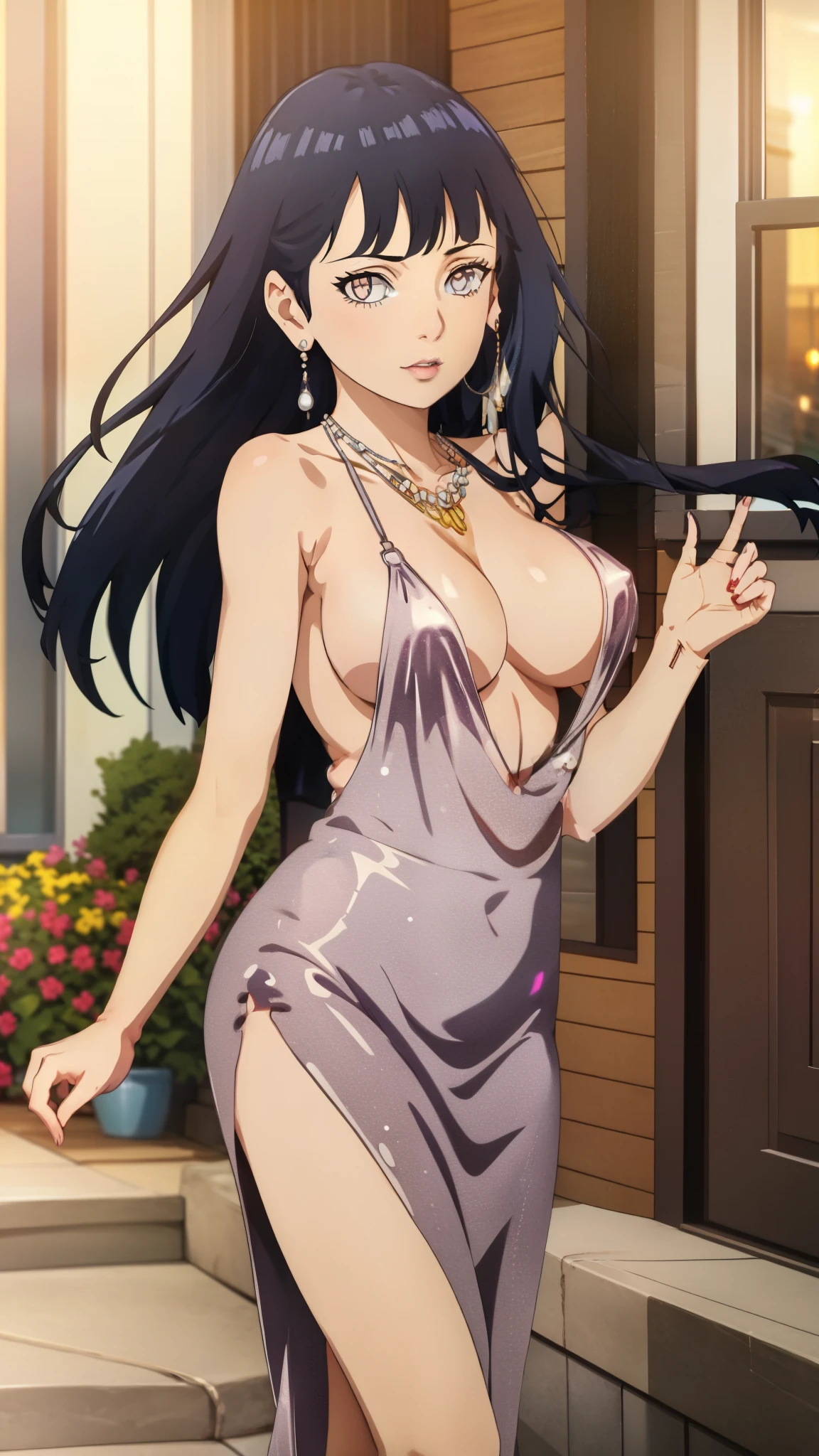 1girl, bangs, bare_shoulders, breasts, cleavage, depth_of_field, dress, earrings, jewelry, large_breasts, long_hair, looking_at_viewer, necklace, outdoors, pearl_necklace, plunging_neckline, solo, breasts out, evening gown, plunging neckline, stlouis