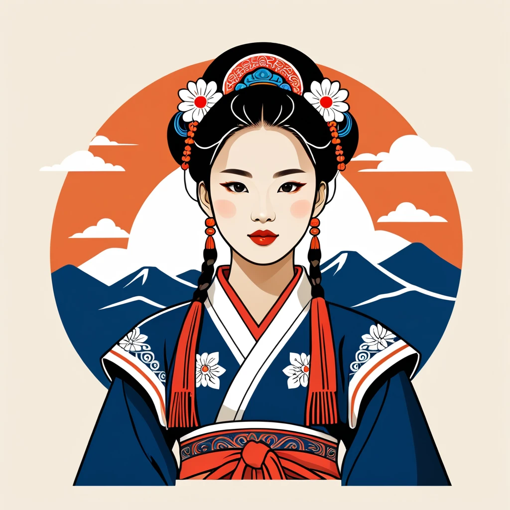 woman in south korea folk outfit, vector graphics, strong contours, logo design
