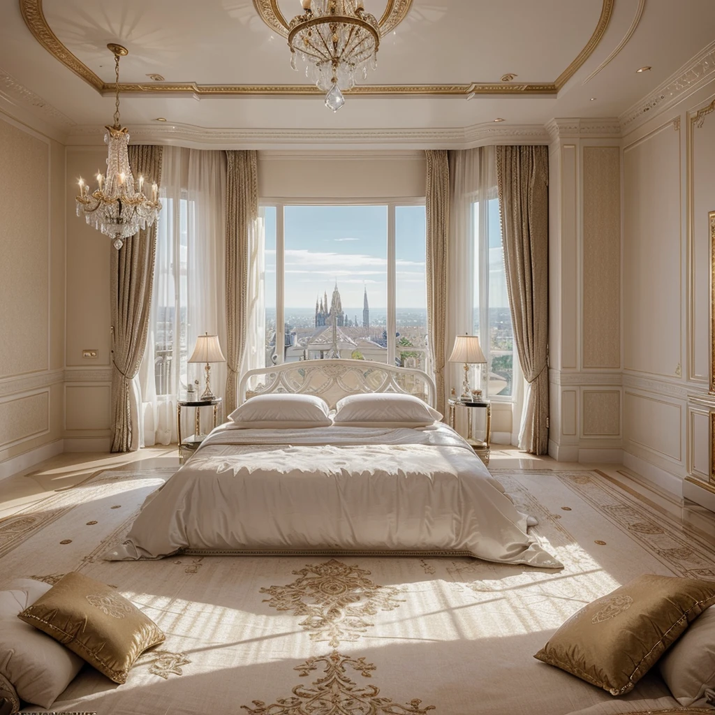Create an image of a lavish white bedroom, similar to those found in billionaire mansions in the United States and Europe, with a focus on opulent textures, elegant lines, and cutting-edge technology, including a stunning chandelier and a floor-to-ceiling window with a breathtaking view.