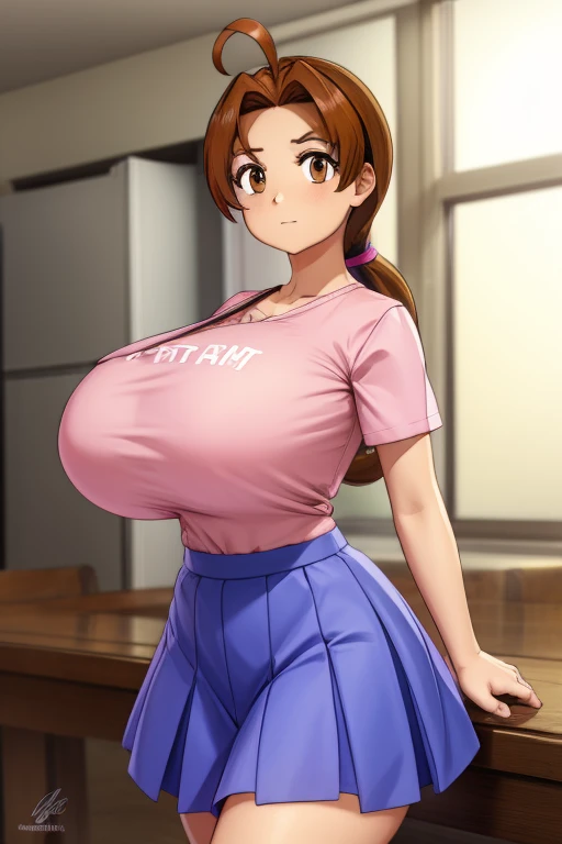 deliaketchum, deliaketchum, brown hair, (brown eyes:1.7), parted bangs, (ahoge:1.5), ponytail, low ponytail,
BREAK shirt, (pink shirt:1.2), short sleeves, skirt, tucked in shirt, blue skirt, long skirt, pleated skirt,
BREAK indoors,
BREAK looking at viewer, (cowboy shot:1.5),
BREAK (masterpiece:1.2), best quality, high resolution, unity 8k wallpaper, (illustration:0.8), (beautiful detailed eyes:1.6), extremely detailed face, perfect lighting, extremely detailed CG, (perfect hands, perfect anatomy), gigantic breasts