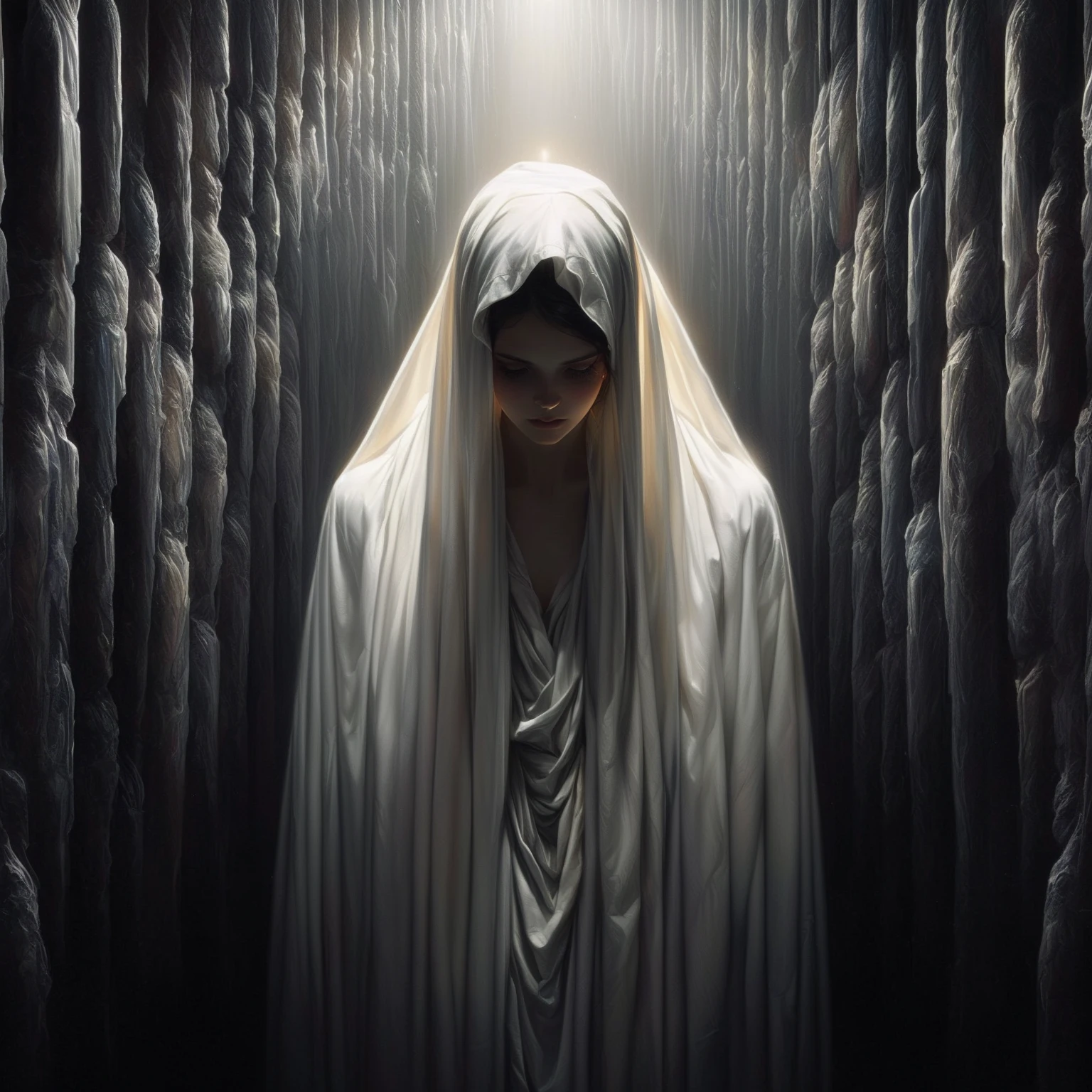 arafed image of a woman in a white robe standing in a dark room with her head bowed, yuri shwedoff and tom bagshaw, tom bagshaw weta studio, wayne barlowe pierre pellegrini, guillem h. pongiluppi, dan mumford tom bagshaw, by Artur Tarnowski, by Grzegorz Domaradzki