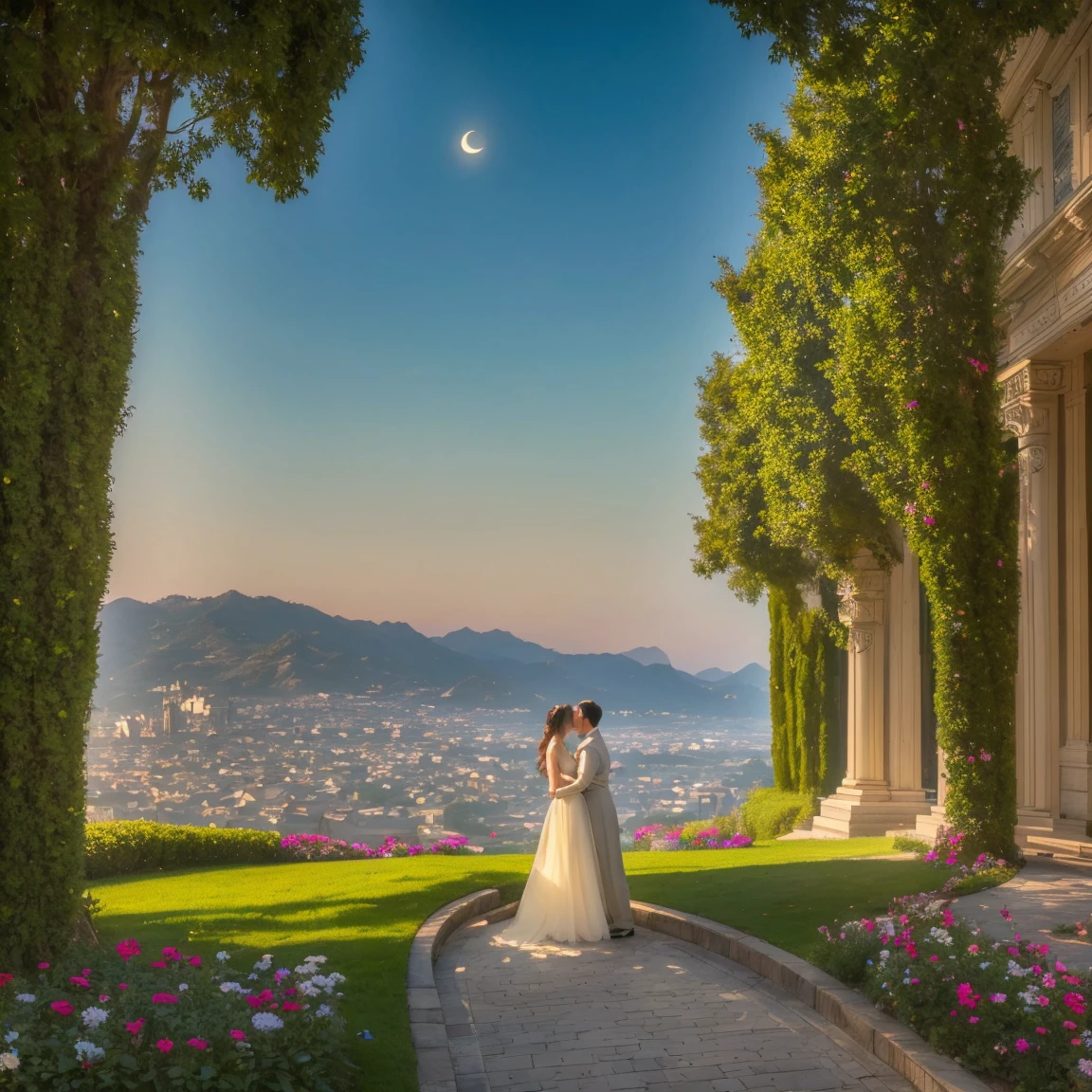 (masterpiece, highest quality, official art, beauty and aesthetic:1.5), two women is deeply in love with each other, kiss, romantic atmosphere, flower and moon, magnificent panorama view