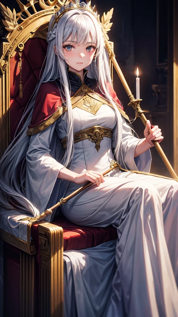 A young woman sits on a throne, she has long hair and holds a staff in her hand, she wears a simple dress. before  to the throne sits a wolf 