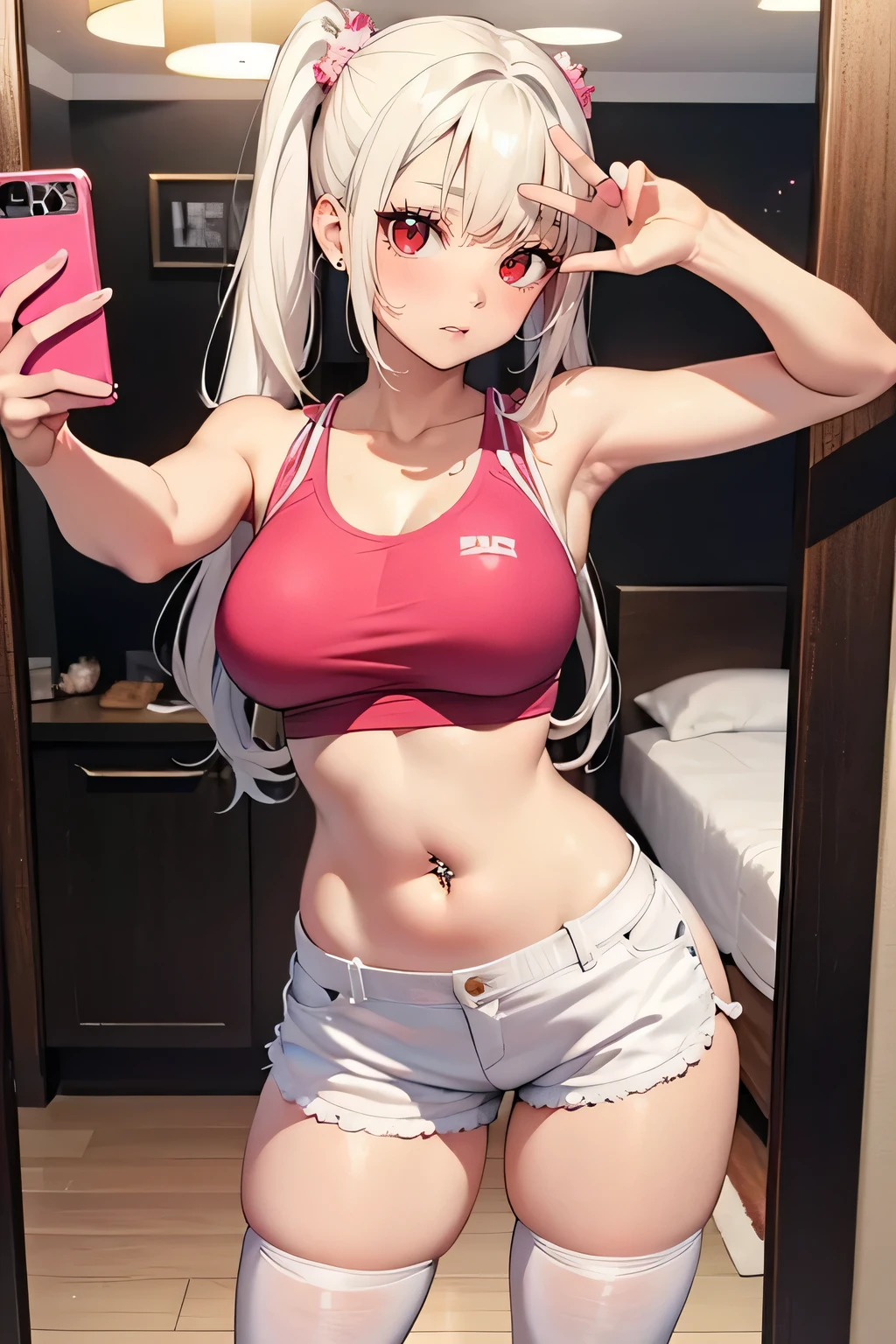 (1girl), red eyes, mature, mole onder eye,white hair, pigtails,  long hair,, x ornament, big lips, pretty lips, ((gyaru)), gyaru hairstyle, there is a woman in a white shorts taking a selfie, smooth pink tight clothes, posing in a bedroom, good hips and long legs, photo of slim girl, pretty face with arms and legs, full length and white stockings, 2 4 year old female model, sporty, photo of slim girl model,shopping mall,mirror selfie,belly button piercing,naval,midriff,