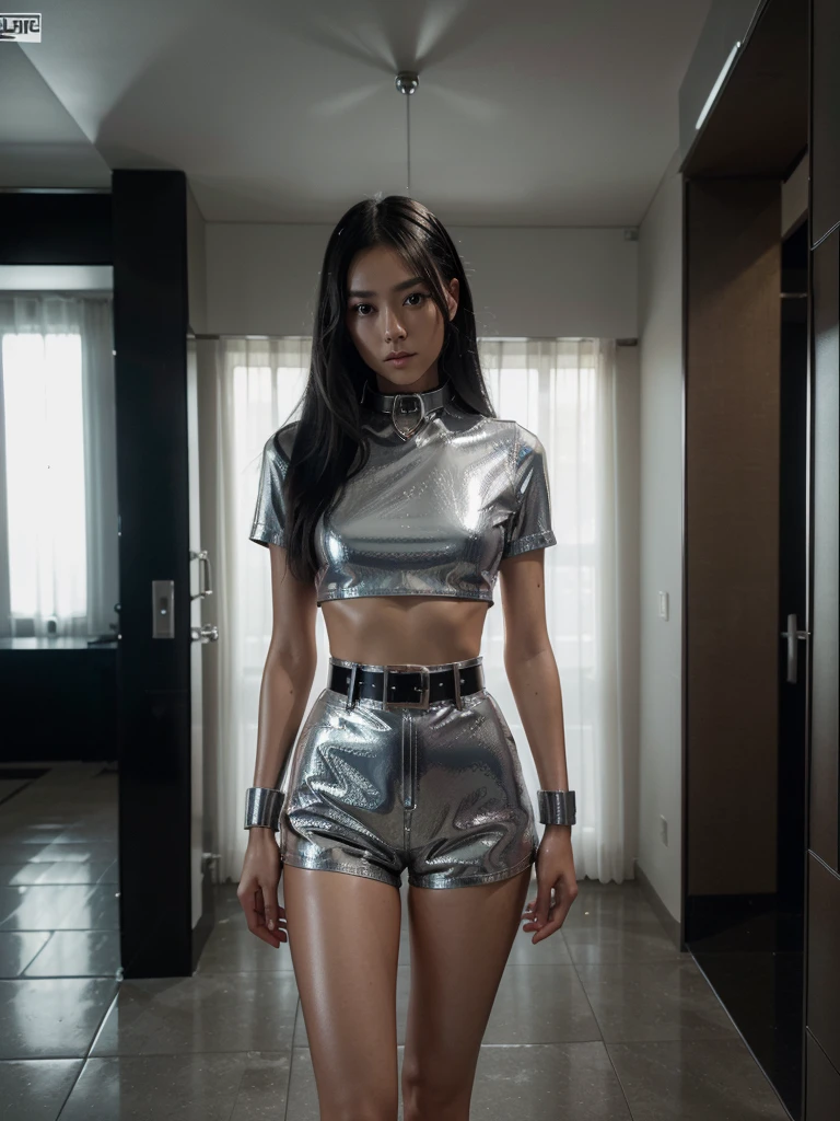 8k, RAW photo, best quality, ultra high resolution, (photorealistic), realistic photo of skinny japanese girl, (skinny japanese girl, 20 years old, most beautiful japanese girl in the world, black hair, straight hair), in the modern mansion, futuristic interior, bright neon light, (full body picture), ((standing posing for picture), (seductively standing pose)), (wearing: (silver latex shorts), (silver latex top), (bdsm hardess), (collar), (hand cuffs), (belt)), (((looking at viewer))), seductive look, (extremely detailed CG unity 8k wallpaper), Sharp focus, (bright light)