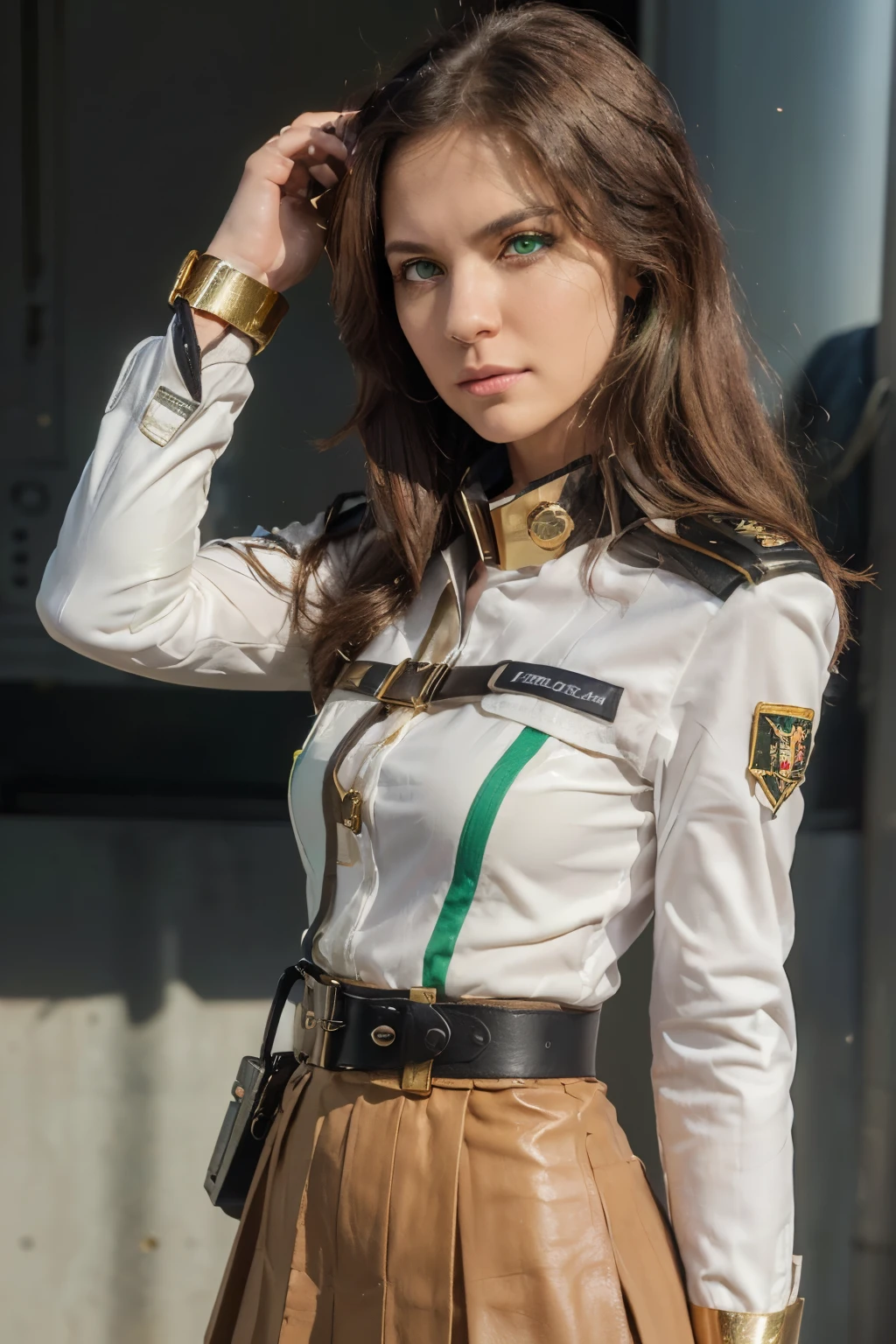 (((Generate a realistic image of Lisa Hayes, the first officer of the SDF-1 from the animated series Robotech, with a realistic human appearance. Consider a woman of approximately 30 years old, with long dark hair, expressive eyes and an enigmatic expression. Military formal wear with details inspired by the Robotech series. Realistic photo style with soft lighting and neutral background))) -- (("Lisa Hayes"first officer of the SDF-1 of the ROBOTECH series)), ((Military formal wear inspired by the Robotech series)), 1 girl . Brown hair, With Uniform , green lines on his SDF-1 officer shirt and red arm badge, macro style, Makoto, Makoto Shinkai art style, ((SDF-1 cabin bottom)), (Light brown pleated skirt), ((green eye color:1.5)), ((model pose)), ((A white shirt with a high collar and closed cuffs, two green lines falling and in the pockets two parallel lines)), ((A light brown pleated skirt with a dark brown leather belt)), ((Officer rank on the shoulders of the shirt)), ((Black Leather Knee High Boots with Gold Buckle)), ((Insignias and gold stripes on the sleeves and shoulders, similar to those of the Robotech series)), ((A black belt with a gold buckle and a gun holster on the right side))
