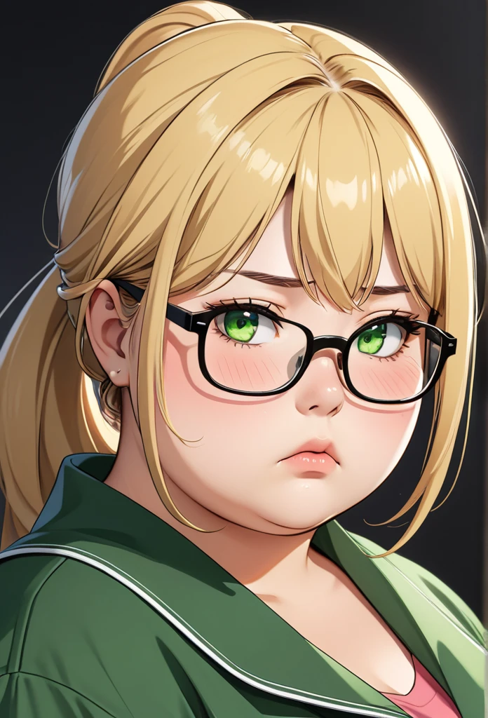 chubby girl, adult girl, blonde, medium length hair, open forehead, no bangs, green eyes, black square-rimmed glasses, Ponytail, sad look