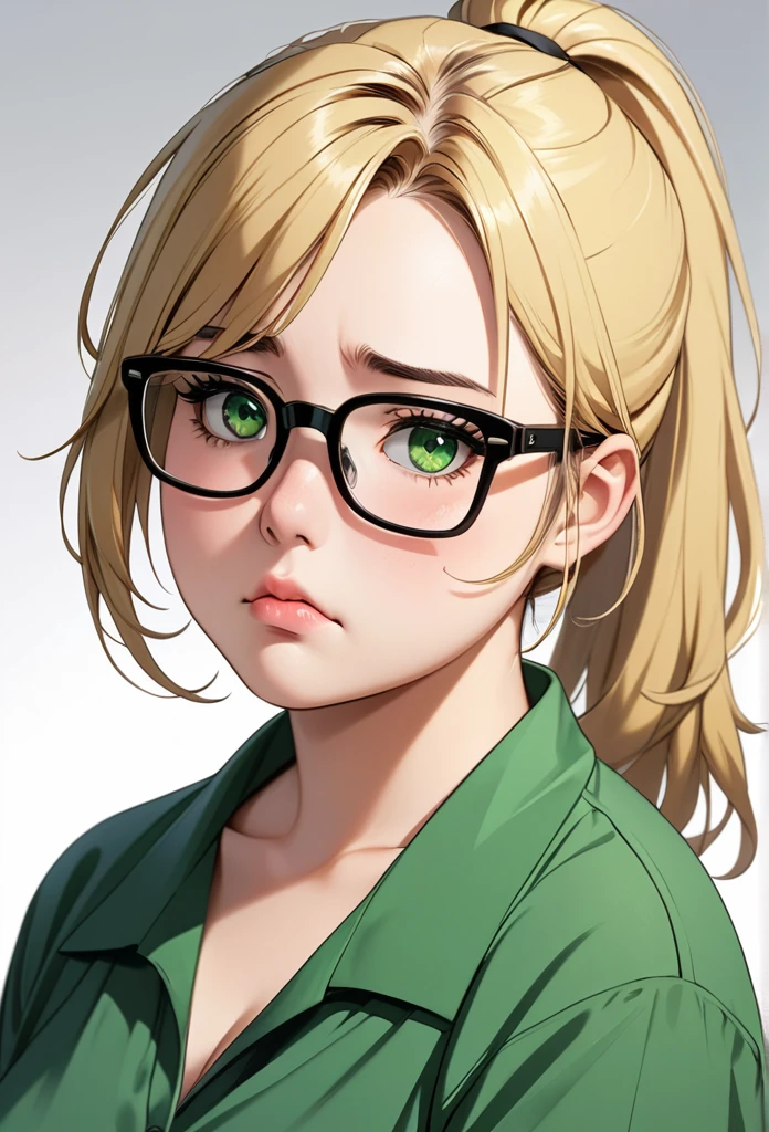 chubby girl, adult girl, blonde, medium length hair, open forehead, no bangs, green eyes, black square-rimmed glasses, Ponytail, sad look