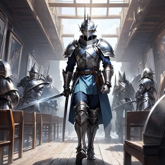 High Resolution, Masterpiece, fantasy genre, HD, High Quality, Backlighting, Overexposure, Optical Illusion, Silhouette,
Anime Style, Apocalypse, Chaos, Digital Art, Multiple Views
{{((french soldier: (silver knight squared helmet, blue and yellow tunic, silver shoulder plates, silver elbow plates, silver steel belt, silver gauntlets(knight long sword)), (sitting on a simple wooden chair, holding his sword and shield),(modern french city, common people walking around))}}