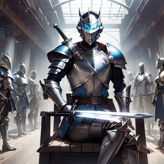 High Resolution, Masterpiece, fantasy genre, HD, High Quality, Backlighting, Overexposure, Optical Illusion, Silhouette,
Anime Style, Apocalypse, Chaos, Digital Art, Multiple Views
{{((french soldier: (silver knight squared helmet, blue and yellow tunic, silver shoulder plates, silver elbow plates, silver steel belt, silver gauntlets(knight long sword)), (sitting on a simple wooden chair, holding his sword and shield),(modern french city, common people walking around))}}