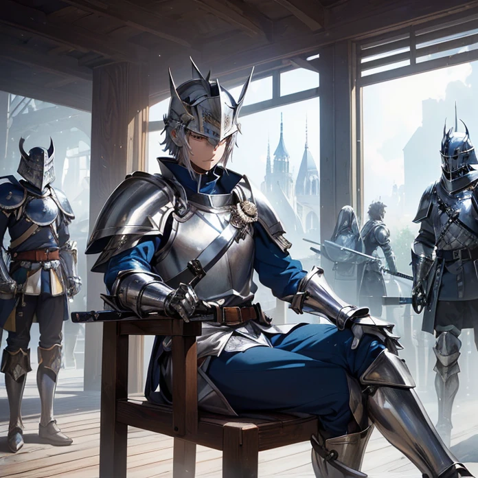 High Resolution, Masterpiece, fantasy genre, HD, High Quality, Backlighting, Overexposure, Optical Illusion, Silhouette,
Anime Style, Apocalypse, Chaos, Digital Art, Multiple Views
{{((french soldier: (silver knight squared helmet, blue and yellow tunic, silver shoulder plates, silver elbow plates, silver steel belt, silver gauntlets(knight long sword)), (sitting on a simple wooden chair, holding his sword and shield),(modern french city, common people walking around))}}