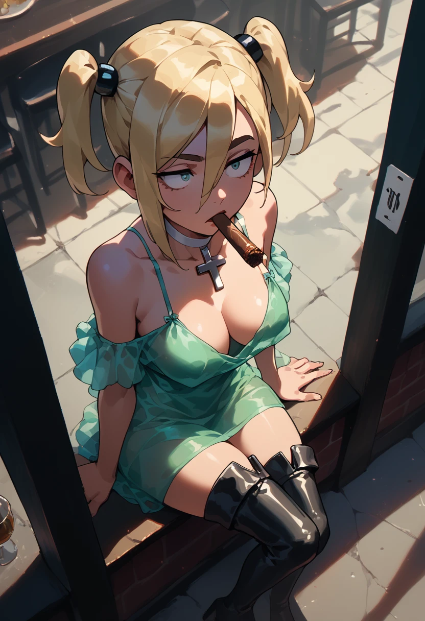 punctuation_9, punctuation_8_High above, punctuation_7_High above,punctuation_6_High above, punctuation_5_High above, punctuation_4_High above , breasts big, 1 girl, Bowsete, standing alone, hollow, hollow,smoke,cigar,Cigar in hand,smoke,makeHigh above, hair blonde, bangss, side locks, thick eyebrows, hair between the eyes, makeHigh above, very transparent dress, collant branco, transparentes, white choker, thigh boots, separate breasts, sitting down,cross legs, pub \(place\), neon lights, light particles, bothered, half-closed eyes, dim_Lighting,