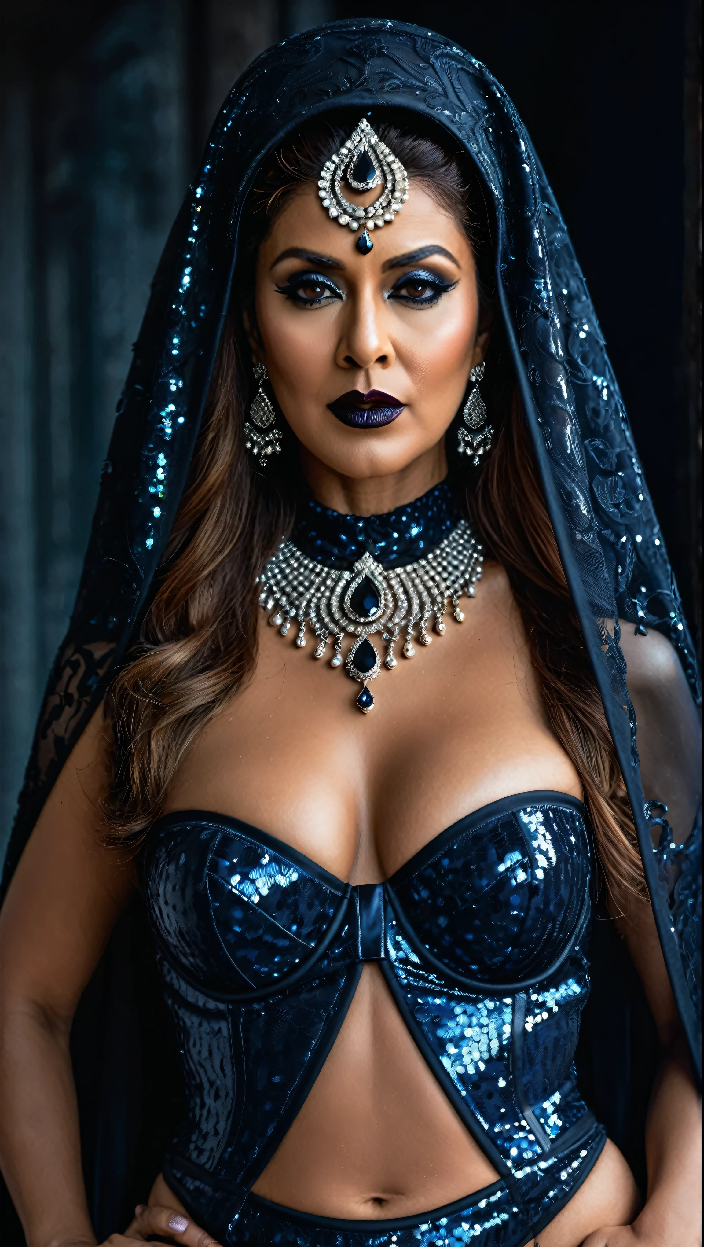 Looks like Nayanthara, milf, cougar lady witch, horny Gothic milf, 50 years old gorgeous mature lady, pervert demoness, demoness of lust, curvy, black lips, horny face, extremely gorgeous, thick figure, heavy physique, voluptuous, curvy, sexy figure, Fashionable portrait of androgynous alien looking witch wearing veil, glowing eyes, futuristic design, minimal details, givenchy, photoreal, 200mm, hd, f/ 2.0, highly detailed, surreal, sexy beautiful evil woman, sexy bold sequin Saree with strapless Bra, chudail, Pishachini, horror genre, blood-thirsty enchantress, powerful female spirit, eerie, drop dead, in the style of red and blue, (intricate details, hyperdetailed:1.15) (skin texture:1.2), dark Moody tone, cinematic lighting, haunted place in background,