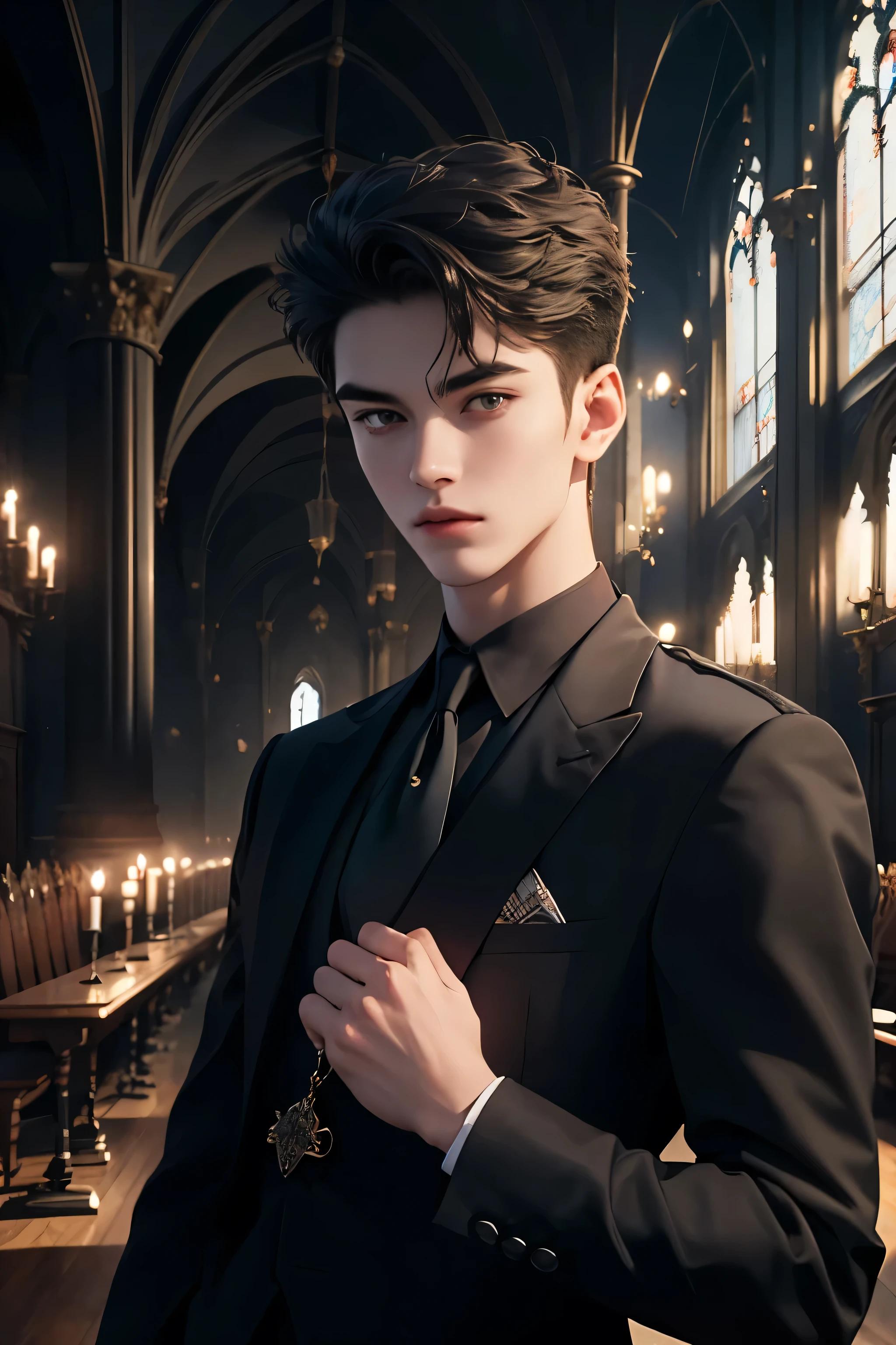 ((Best quality)), ((masterpiece)), (detailed), ((perfect face)), ((halfbody)) perfect proportions ,He is a handsome student, 18 years old, short hair, topless in uniform, there is a background of a school gothic room with lit candles, gnostic vibe ((perfect face))