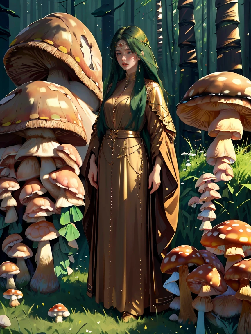 Long dark green hair, dark brown eyes, gloss lips, front look, close up, portrait, beautiful gold eyes, druid female, straight hair cut, clear skin, young 30 years girl, adult girl, solo, very long hair, ankle length hair, handsome older WOMAN,Hyperresolution,accuracy,Detailed rendering,(Image of fine hair)(topquality)(Masterpieces of masters)(High degree of completeness)(A sense of atmosphere)tmasterpiece,Super detailed and super detailed(((half-body portrait)))(((Older woman)))(((Druid female standing in a forest)))(((Mushroom hat)))(((Holding large egg)))